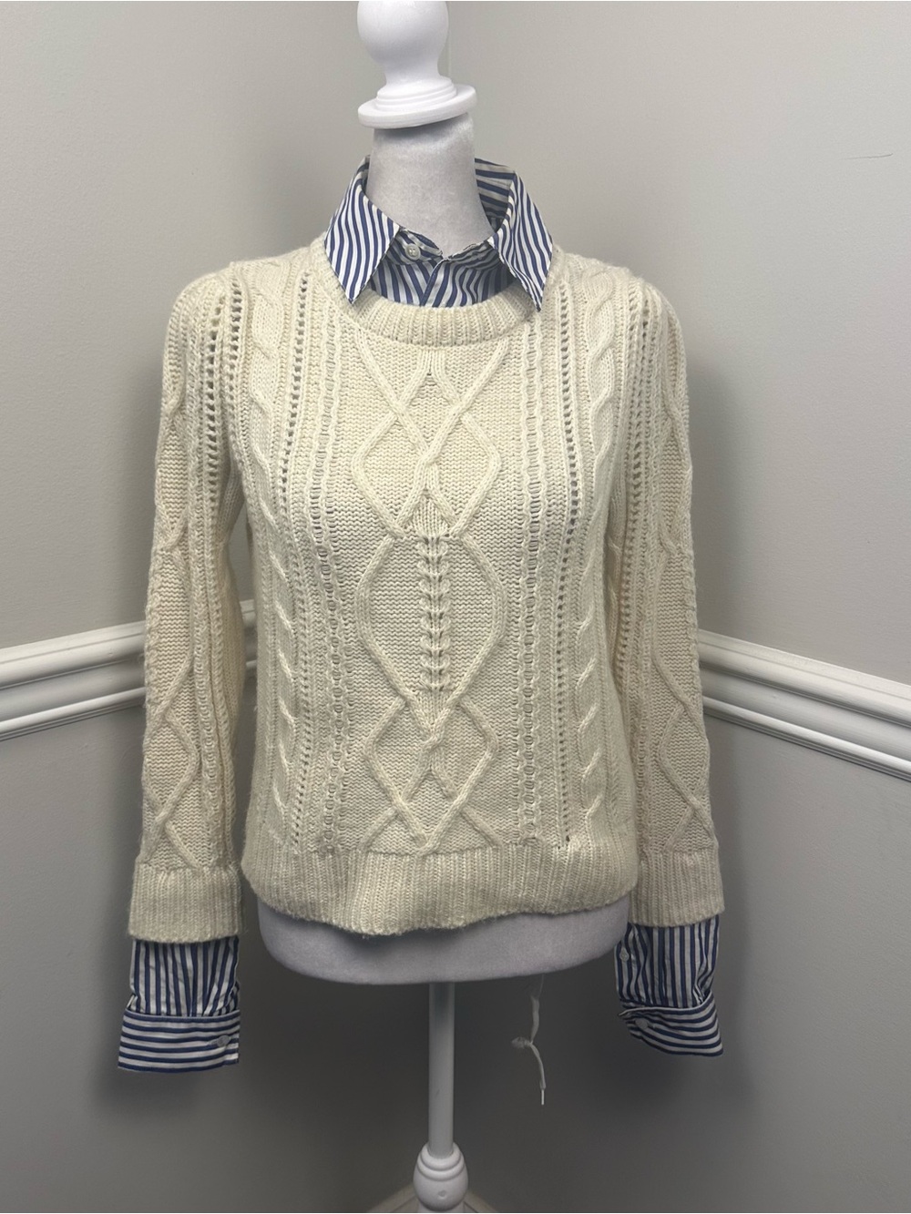 Veronica Beard Ivory Cable Knit Crewneck Sweater XS